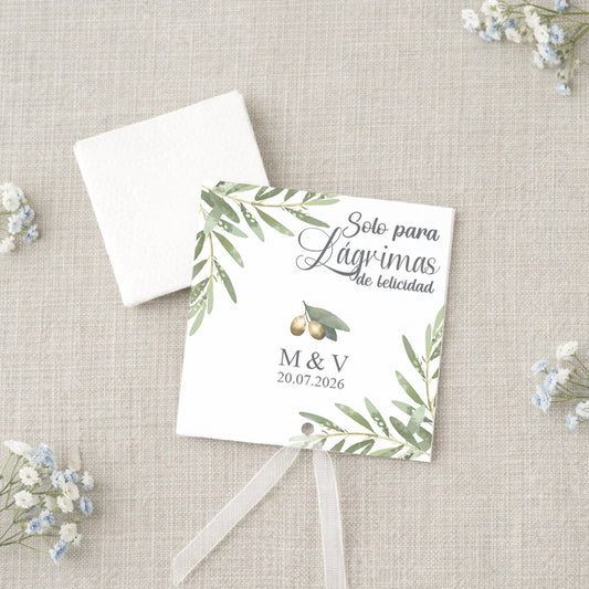 Lágrimas de felicidad personalizadas boda diseño olivo mediterráneo
