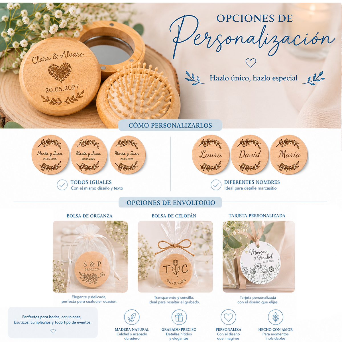 Espejo y cepillo de bolsillo compacto personalizado para invitados