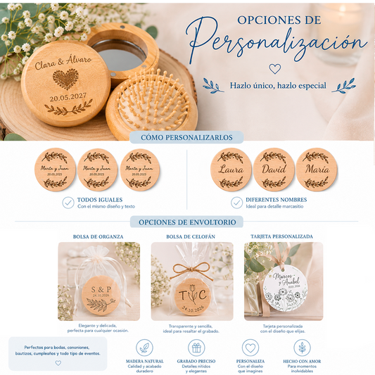 Espejo y cepillo de bolsillo compacto personalizado para invitados