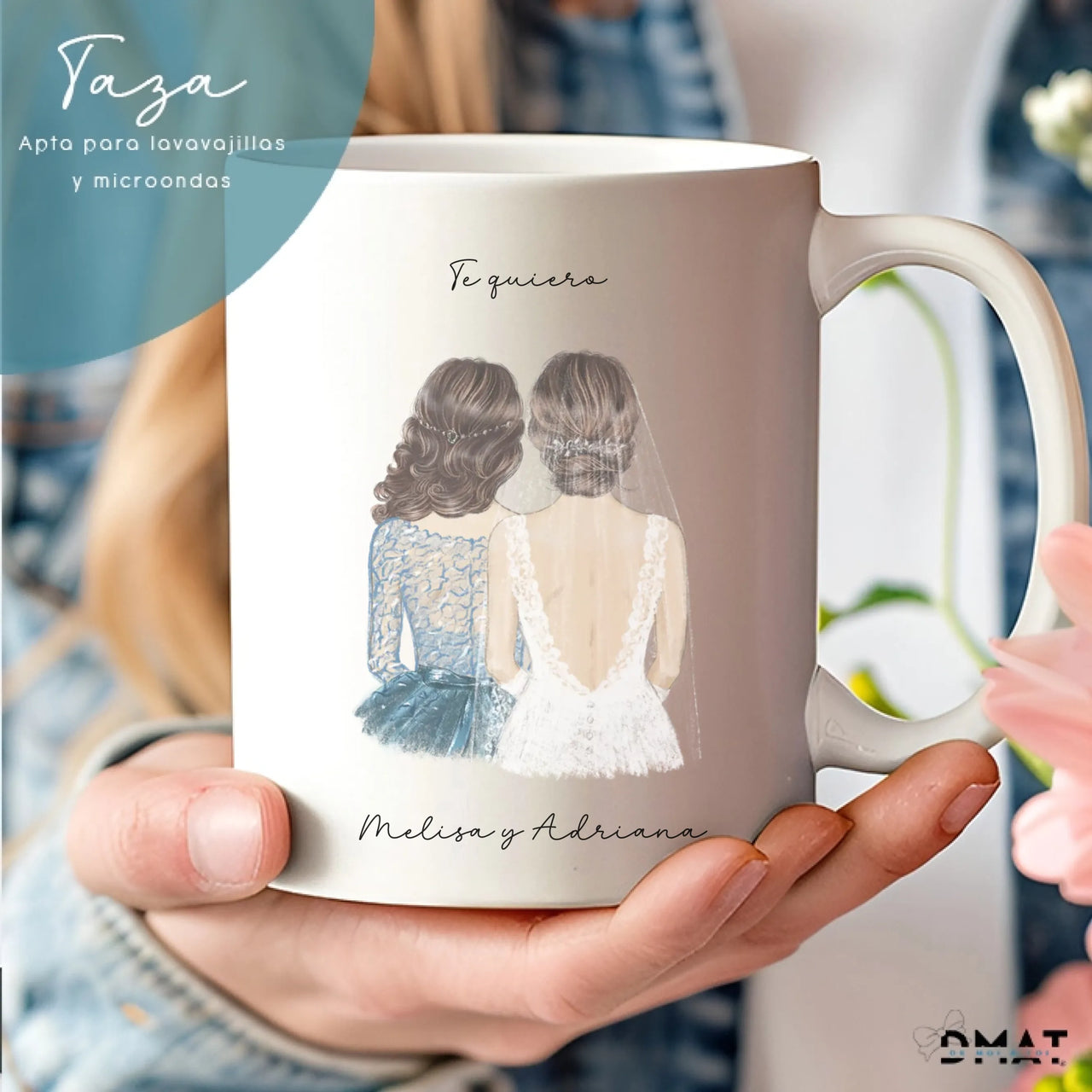 taza personalizada con ilustración de boda (novia y acompañante) con nombres