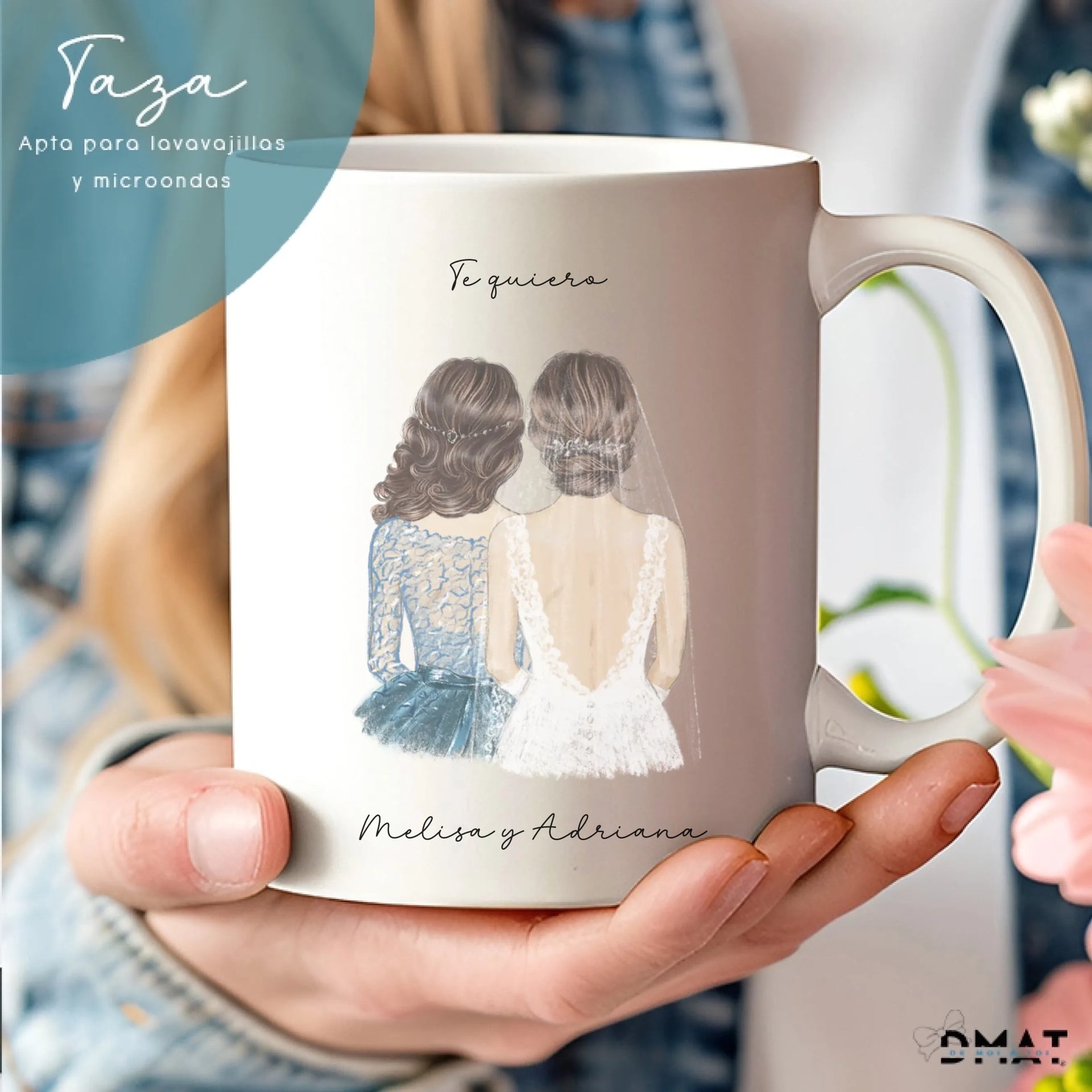 taza personalizada con ilustración de boda (novia y acompañante) con nombres