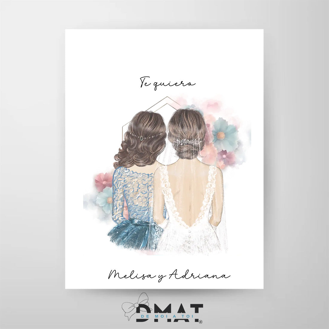 Regalo original para damas de honor. Lámina impresa con dibujo tipo acuarela