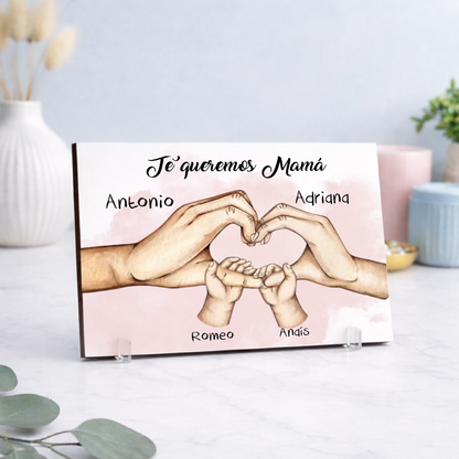 Placa familiar personalizada manos corazón para Día de la Madre con dedicatoria