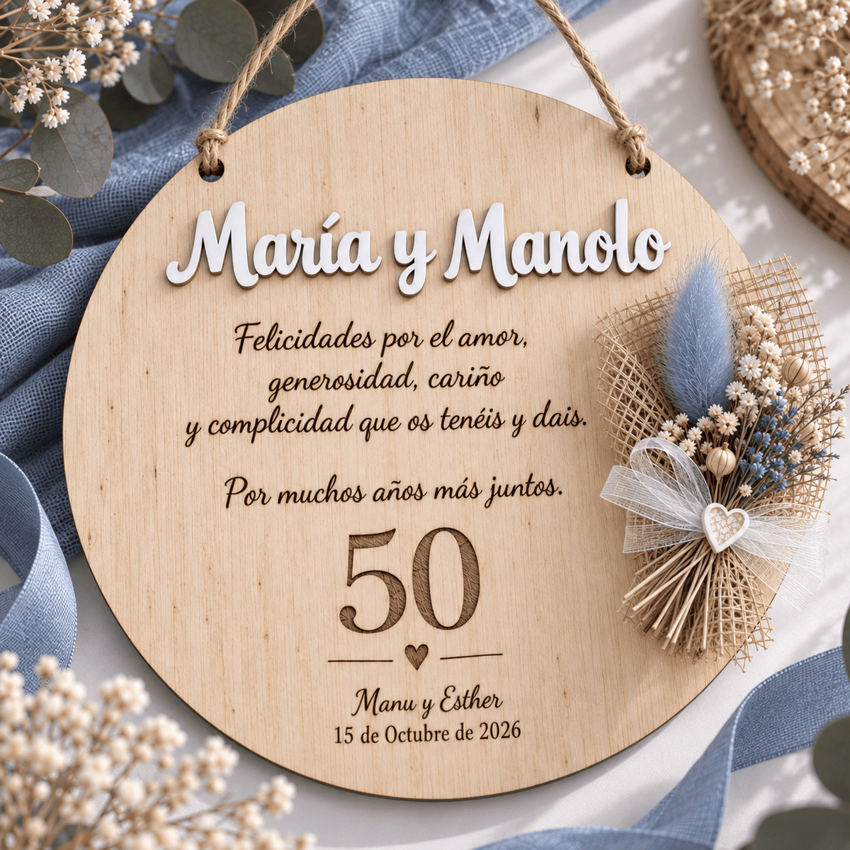 Placa de madera personalizada de aniversario con grabado y flores · De Moi à Toi