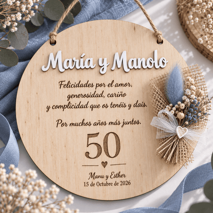 Placa de madera personalizada de aniversario con grabado y flores · De Moi à Toi