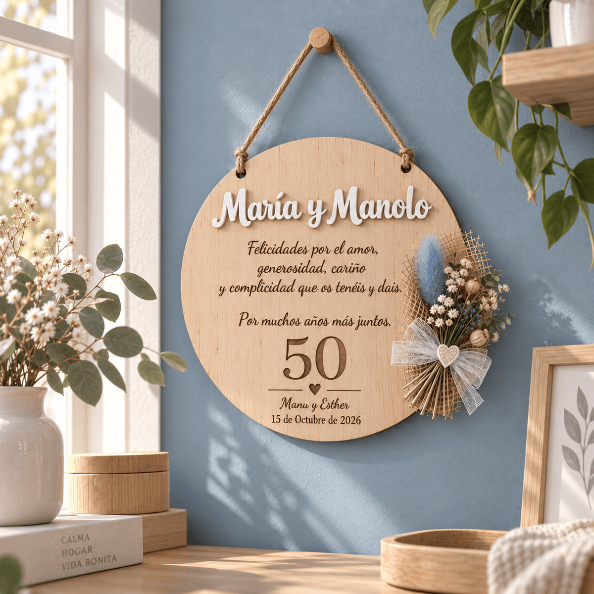 Foto real de placa de madera personalizada de aniversario con flores · De Moi à Toi