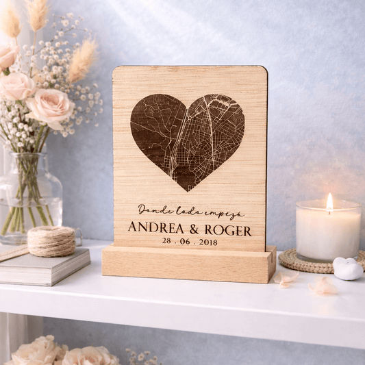 Placa de madera grabada a láser con mapa estelar personalizado y coordenadas GPS San Valentín