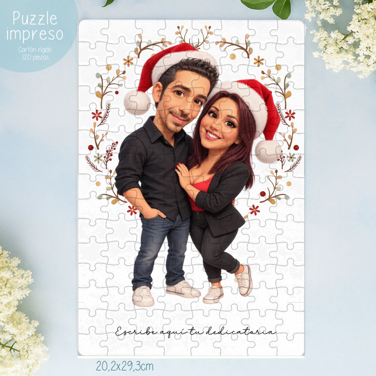 Puzzle personalizado con caricatura navideña de pareja con gorros de Papá Noel y dedicatoria