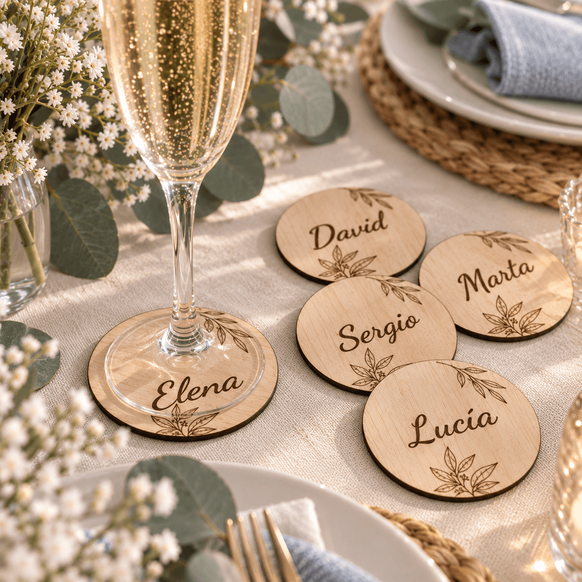 Vista real de marcasitios de madera personalizados para celebración · De Moi à Toi