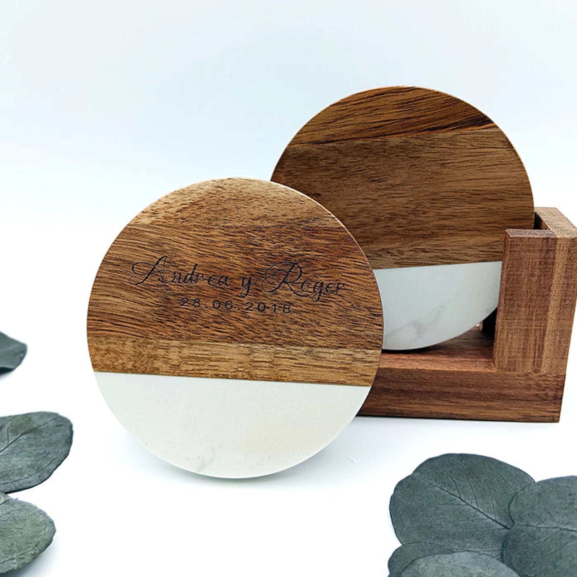 Portavasos de madera con soporte de mármol – regalo boda bautizo comunión