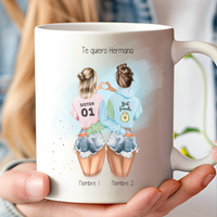 Taza original con ilustración y dedicatoria para amigas y hermanas