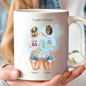 Taza original con ilustración y dedicatoria para amigas y hermanas