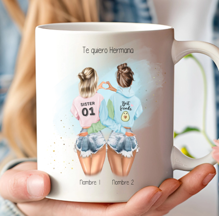Taza original con ilustración y dedicatoria para amigas y hermanas