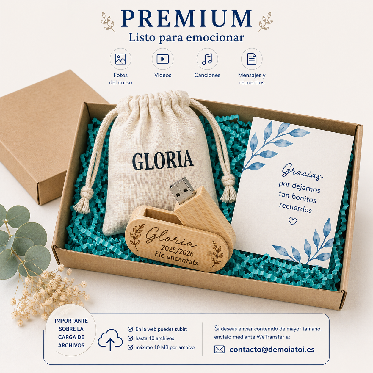 Memoria USB de Bambú Personalizada 16 GB en caja con tarjeta de agradecimiento, ideal como usb fin de curso.