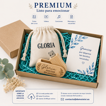 Memoria USB de Bambú Personalizada 16 GB en caja con tarjeta de agradecimiento, ideal como usb fin de curso.