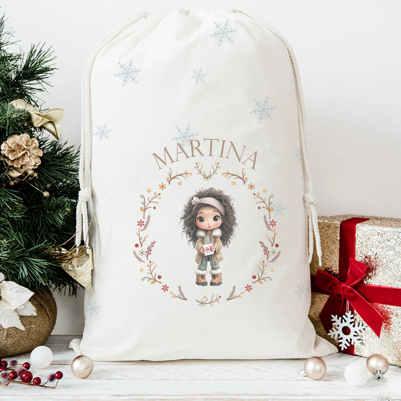 Decoración árbol navidad saco de regalos impreso con dibujo y nombre para niños