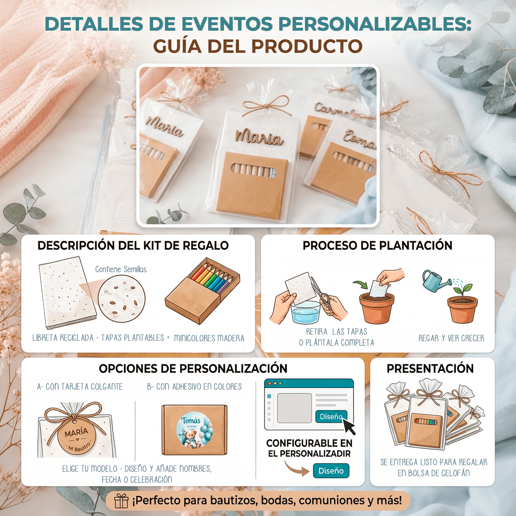 Guía del set detalle infantil: libreta reciclada con tapas plantables y minicolores de madera, opciones de personalización y presentación en bolsa de celofán - De moi à toi