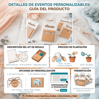 Guía del set detalle infantil: libreta reciclada con tapas plantables y minicolores de madera, opciones de personalización y presentación en bolsa de celofán - De moi à toi