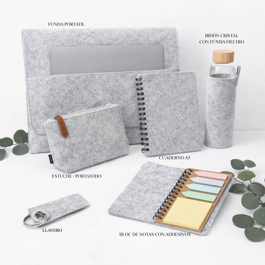 Regalo original para profe con funda de portátil, estuche y libreta personalizada.