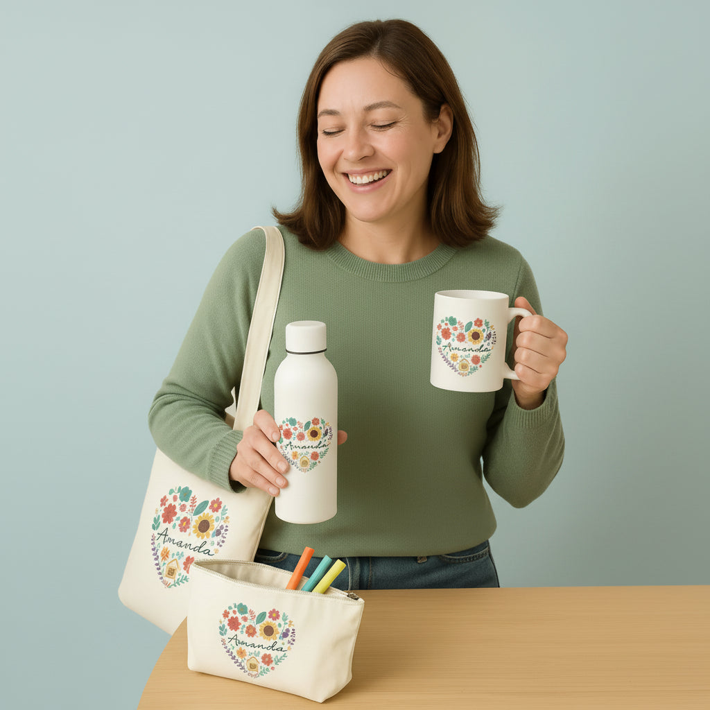 Set personalizado para profesora con tote, botella, neceser y taza. Opción de añadir nombres de alumnos. Ideal como regalo conjunto de fin de curso.