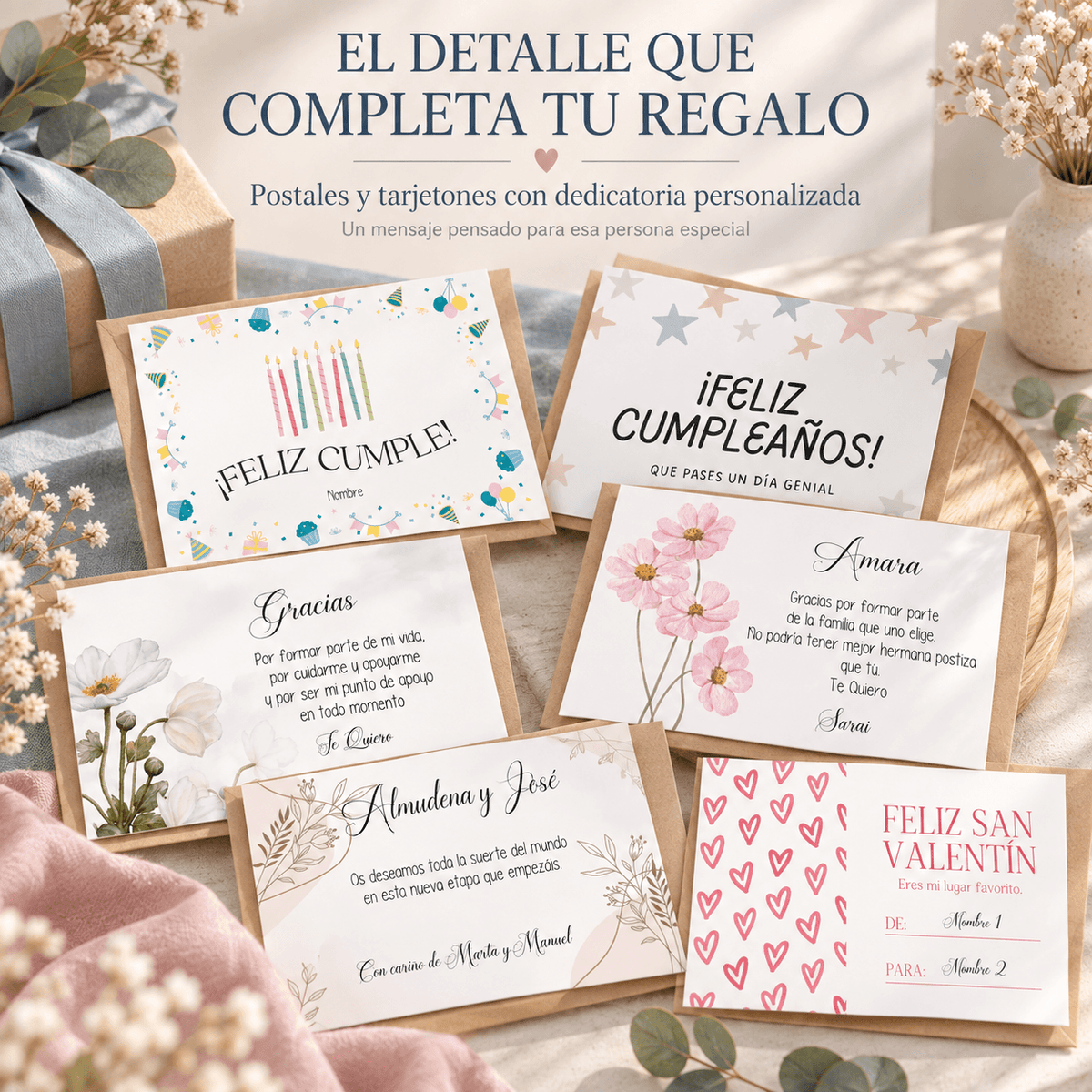 Tarjetón A5 personalizado con dedicatoria · complemento perfecto para tus regalos · De Moi à Toi