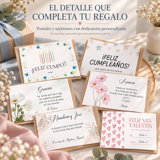 Tarjetón o postal A5 personalizada para completar regalos con dedicatoria.