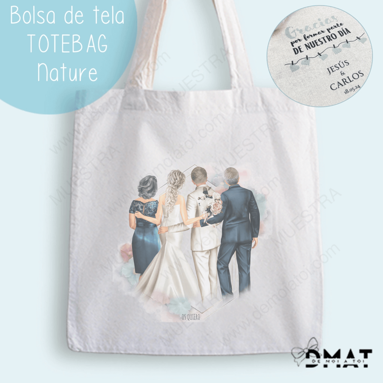 tote bag personalizada ilustraciones familiares y novios de boda
