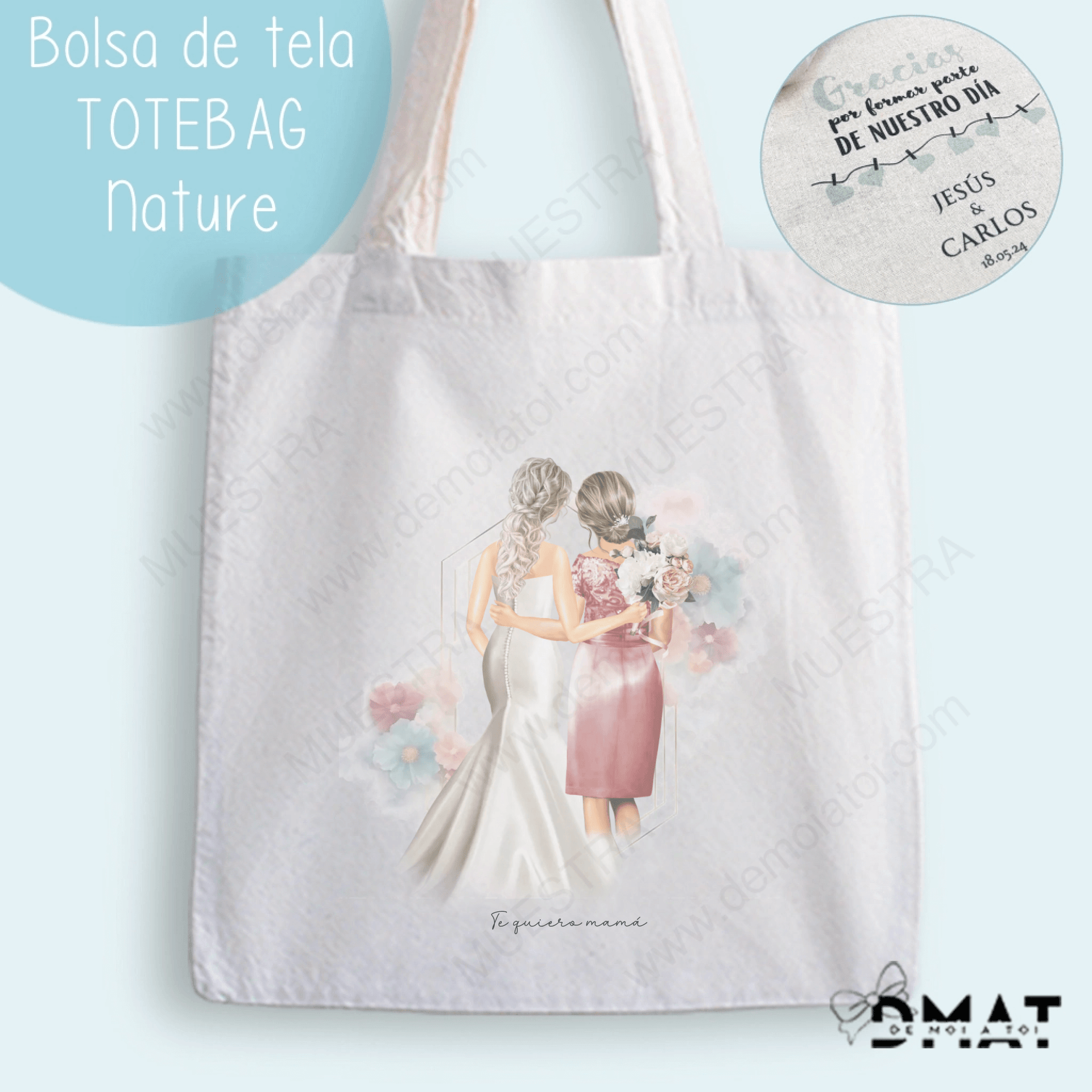 bolsa tela personalizada novios y familiares ilustración boda
