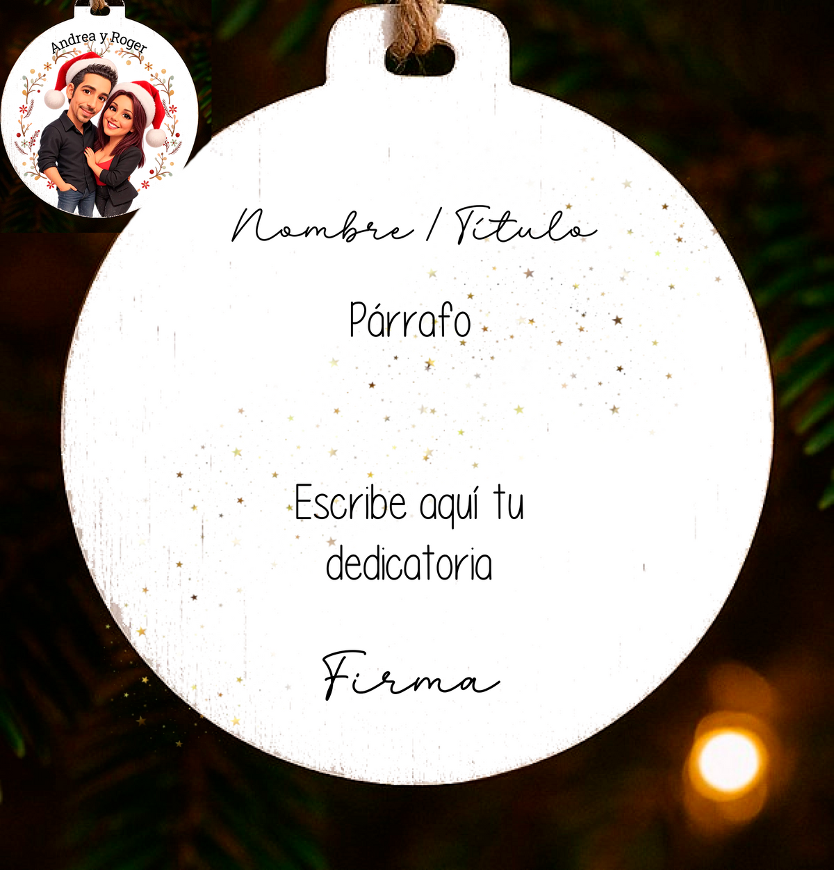 Bola de Navidad de madera personalizada con caricatura navideña por delante y dedicatoria por detrás