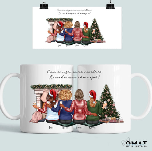 Taza personalizada para grupo de amigas como regalo original de navidad con ilustración editable