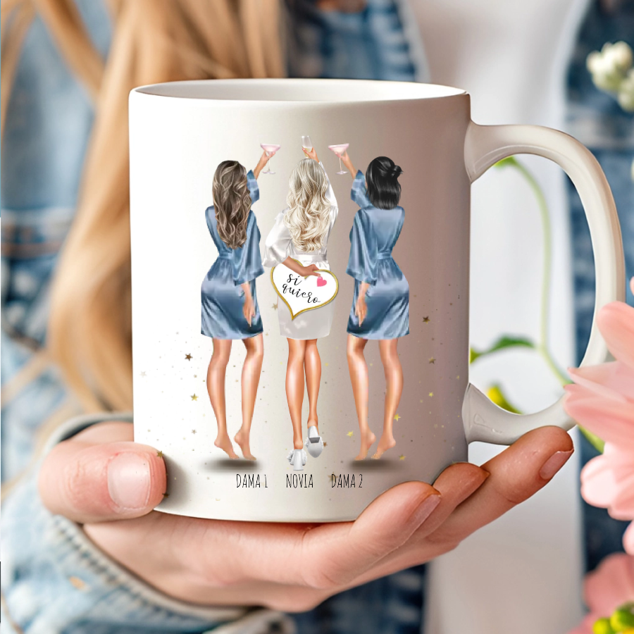 Taza personalizada con dibujo editable, nombres y frases para damas de honor