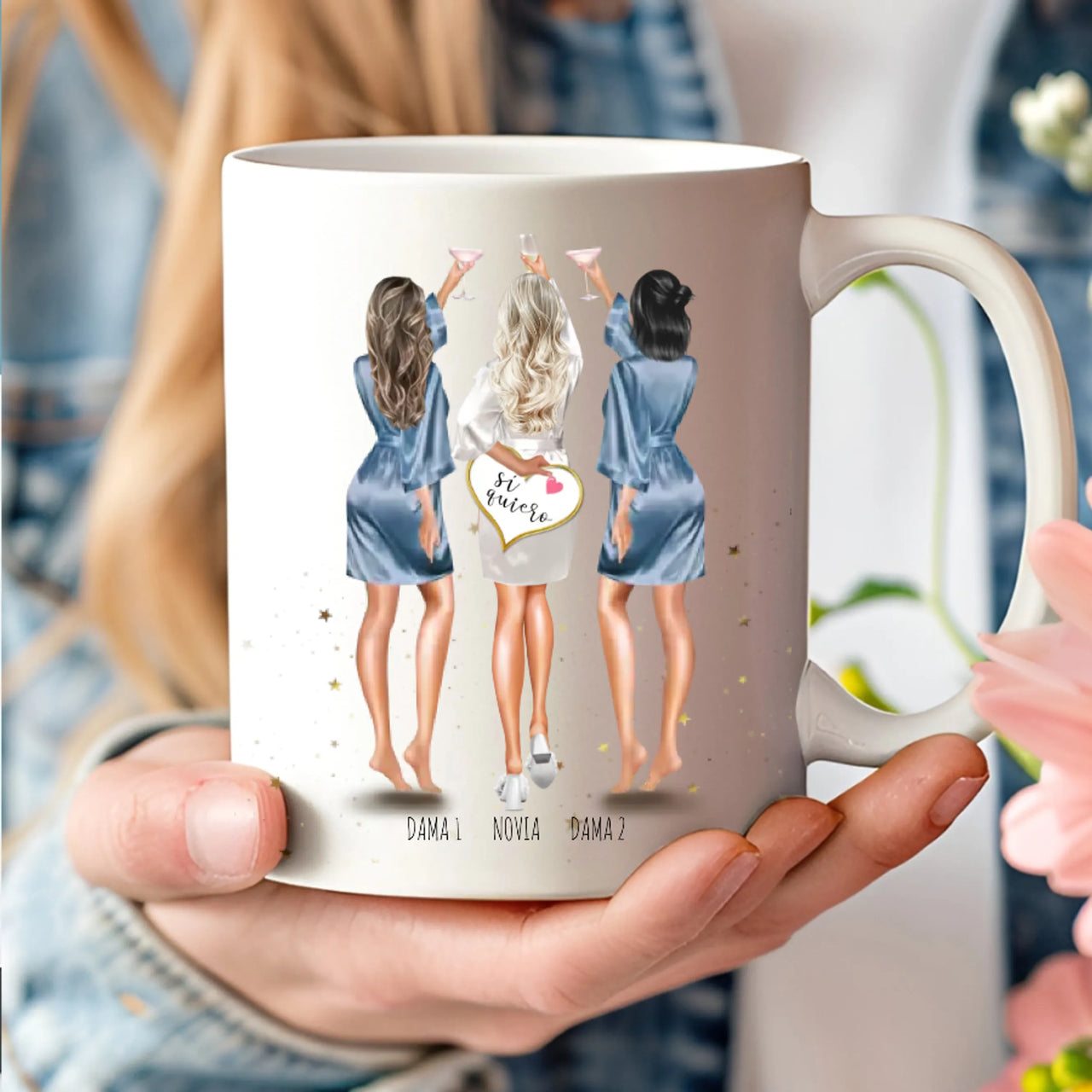 Taza personalizada con dibujo editable, nombres y frases para damas de honor