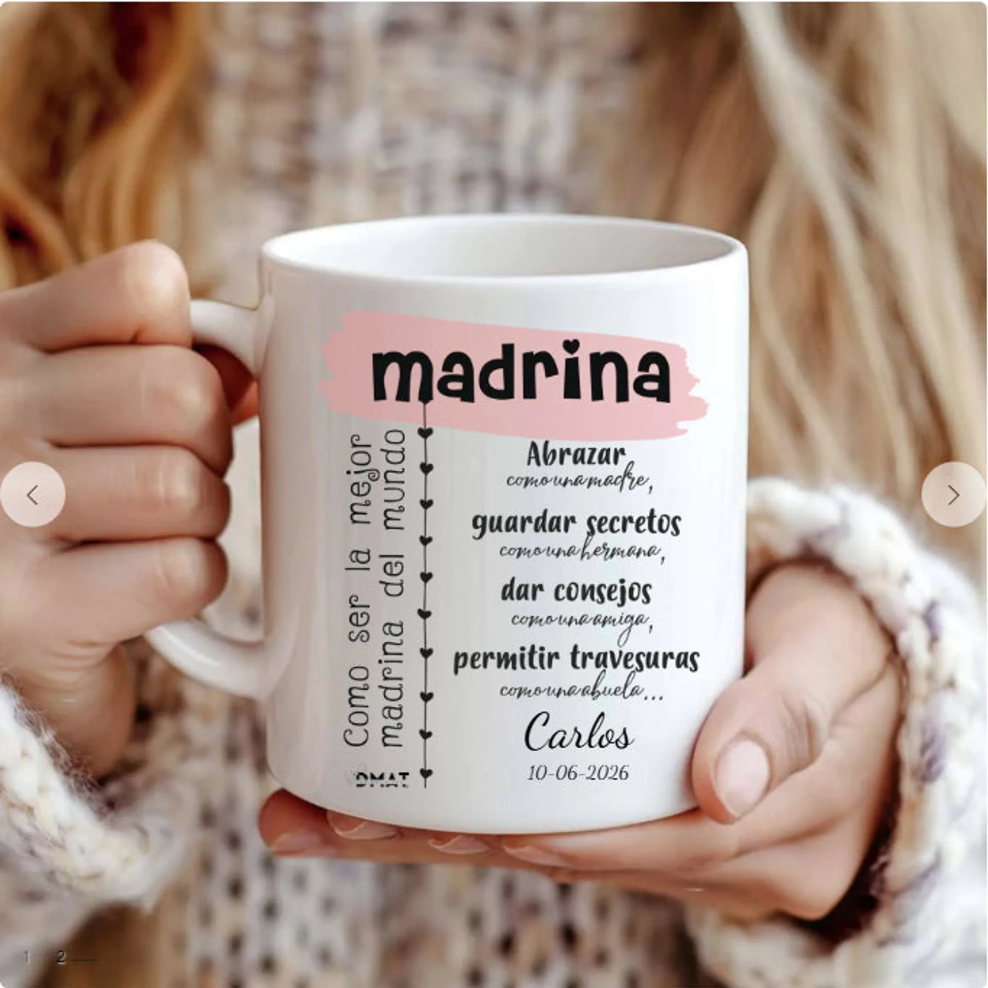 Taza personalizada con dedicatoria, nombre y fecha para regalar a madrina de bautizo, boda o comunión