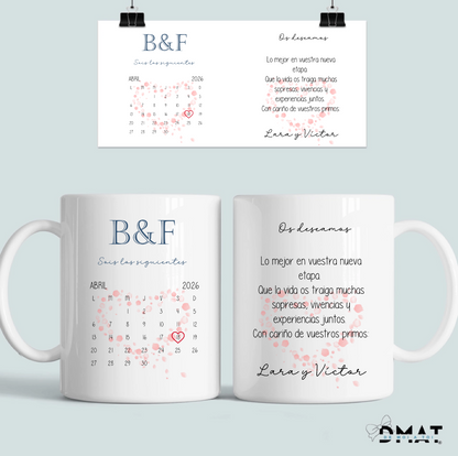 Taza personalizada como regalo original de boda para los siguientes con calendario