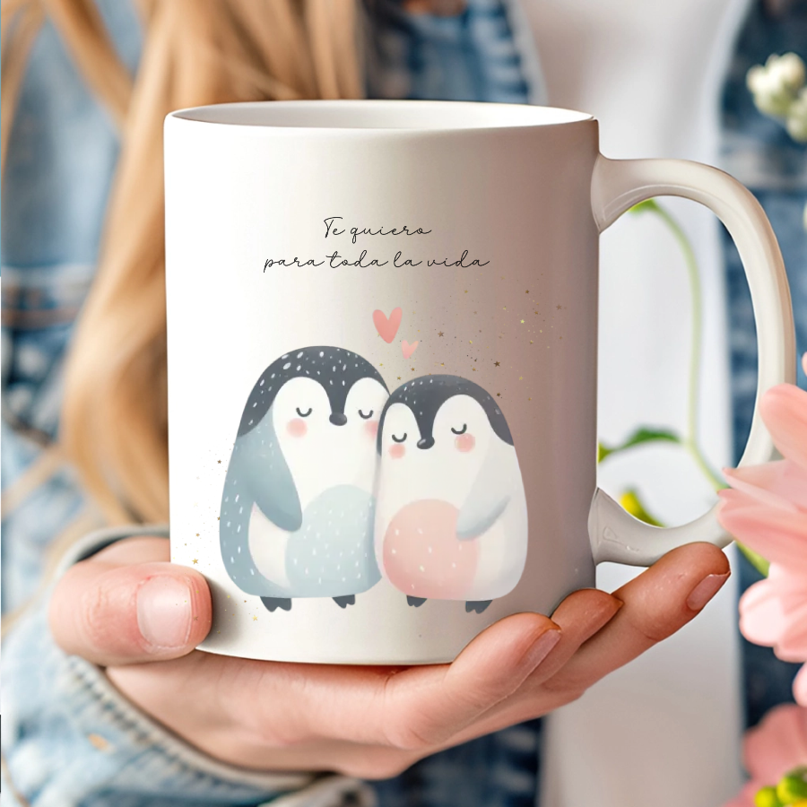 Taza personalizada original para parejas y enamorados con ilustración de animalitos, nombres y dedicatoria