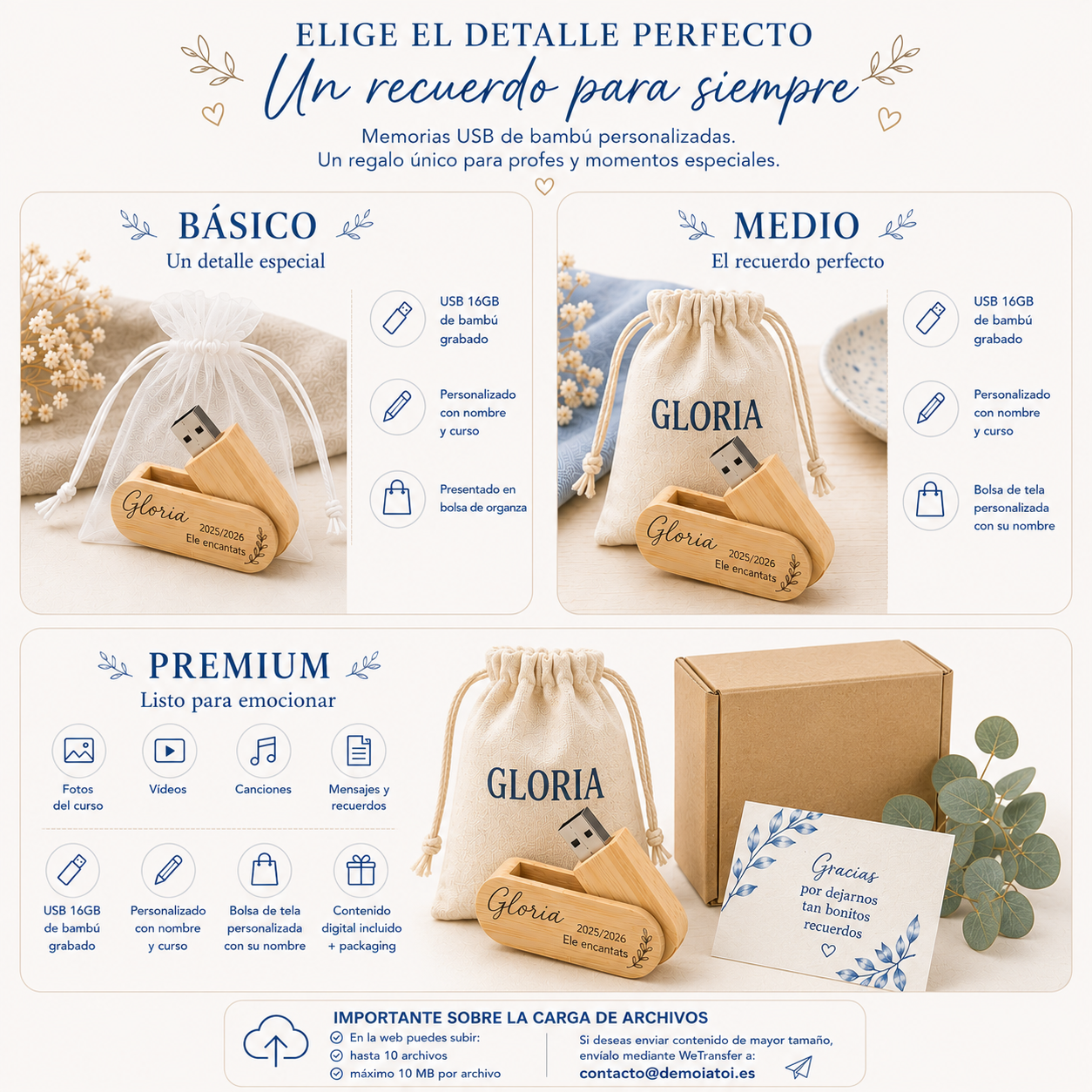 Memoria USB de Bambú Personalizada 16 GB como detalle fin de curso, con grabado láser y opciones básicas, medio y premium.