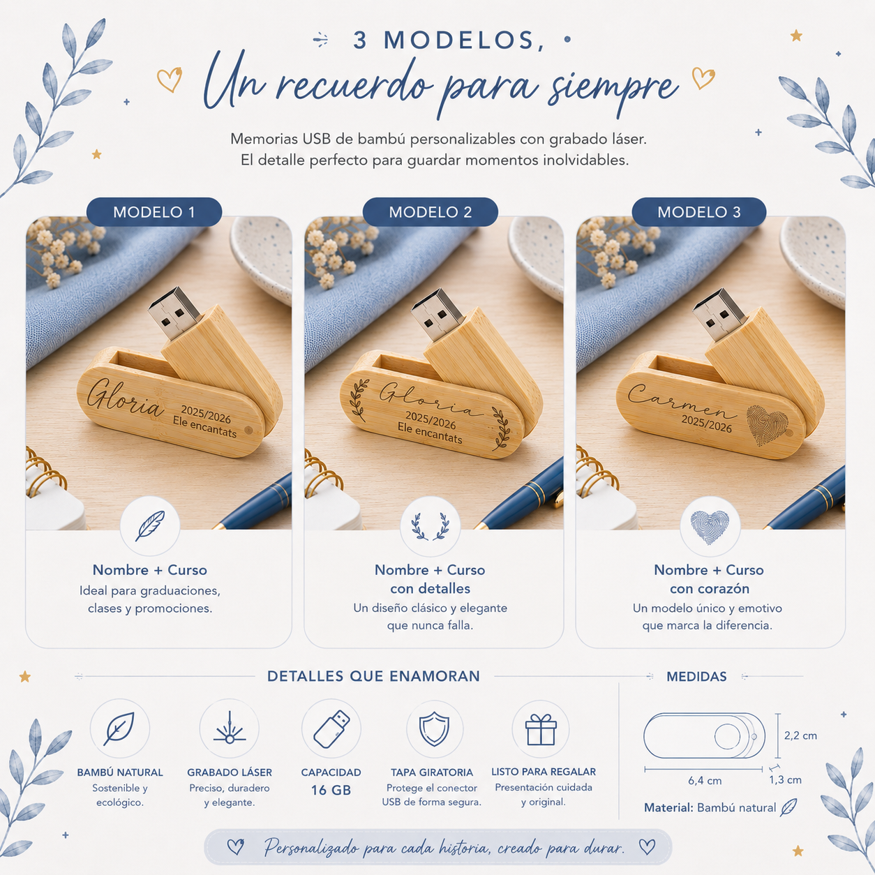 Memoria USB de Bambú Personalizada 16 GB - usb fin de curso con grabado láser y diseños únicos.