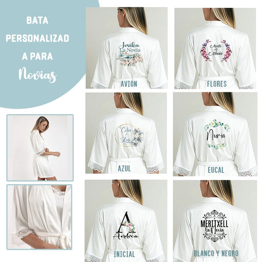 Bata personalizada novia IVETTE de satén premium con encaje