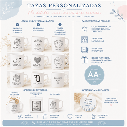 Infografía tazas personalizadas para invitados: opciones de personalización con iniciales, nombres o logo, envoltorios y características premium AA+
