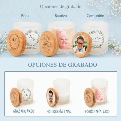 Vela aromática personalizada con tapa de bambú grabada a láser