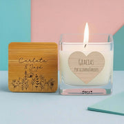 vela aromática personalizada boda detalle elegante con madera y fotografía