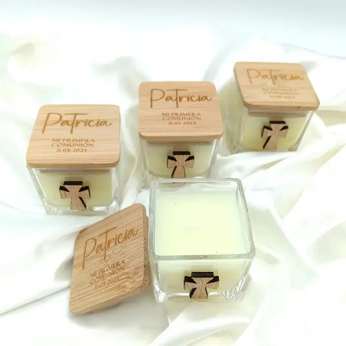 Vela aromática personalizada con tapa grabada a láser.