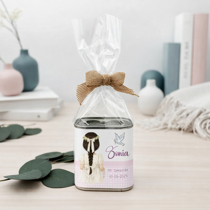 Detalle comunión niña aceite oliva personalizado latita vichy rosa verde