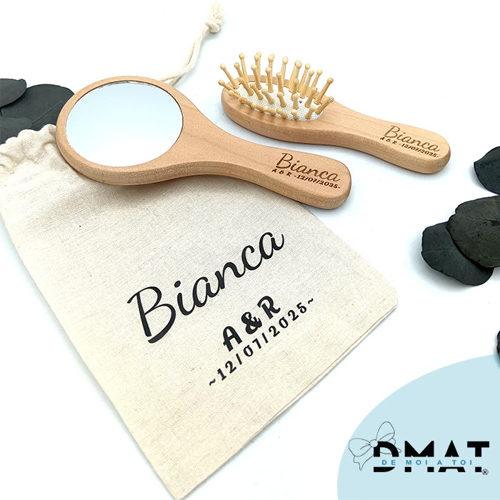 Set de madera espejo y peine de mano para invitados