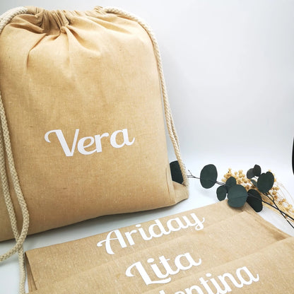 Mochila cuerdas tipo petate personalizada con nombres para cumpleaños y fiestas infantiles