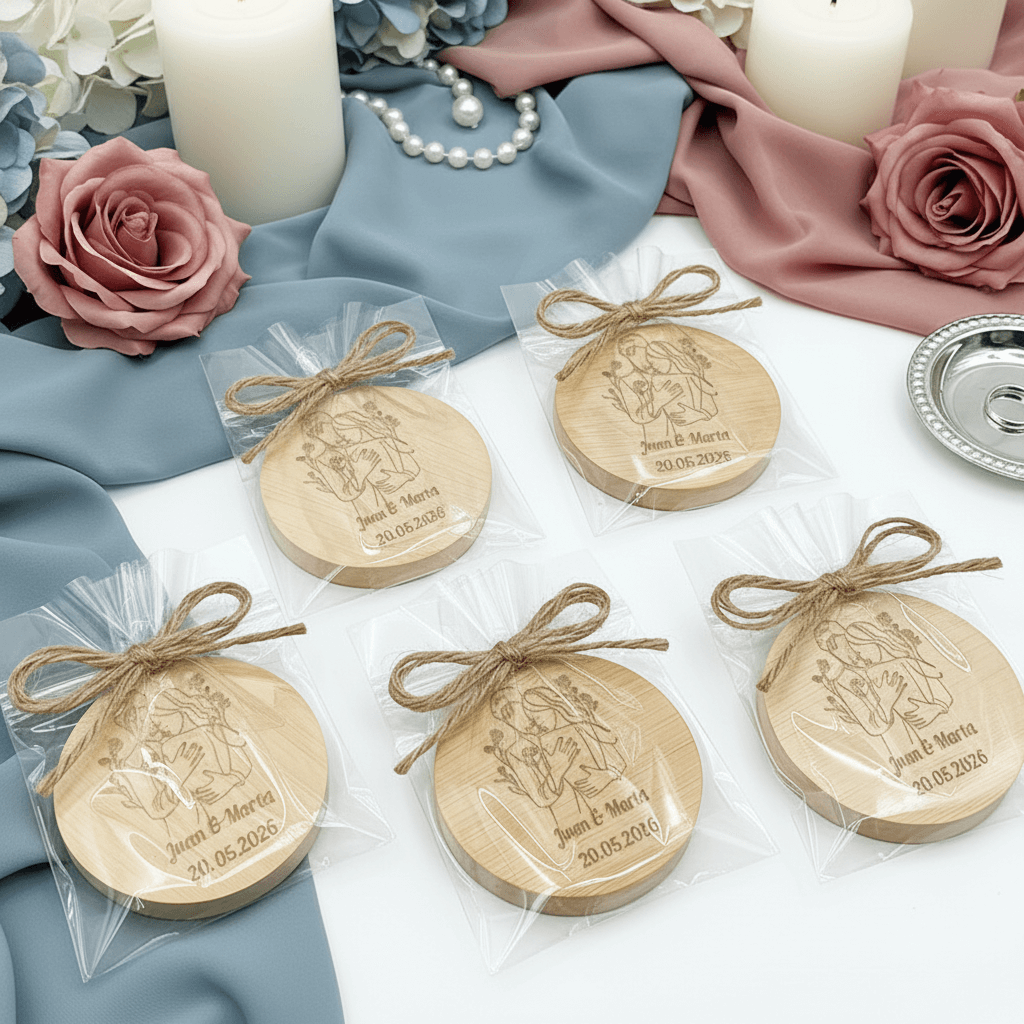 detalle de boda natural personalizado en vivo con nombres y diseños editables