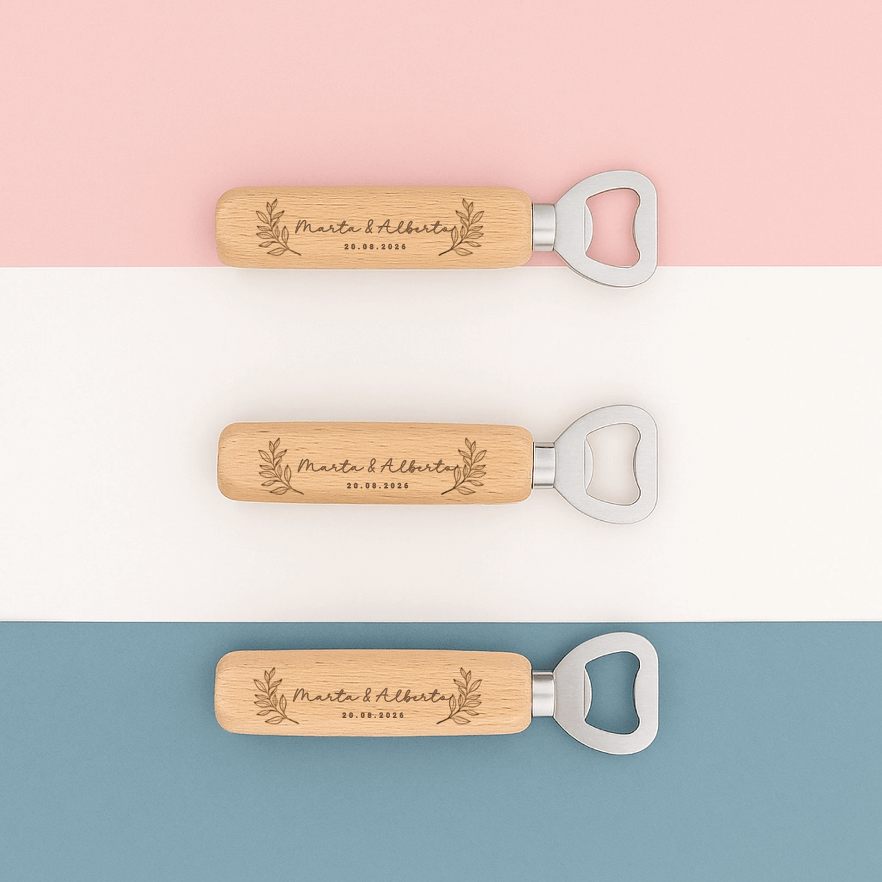 abridor de madera personalizado detalle de boda grabado a láser natural sostenible