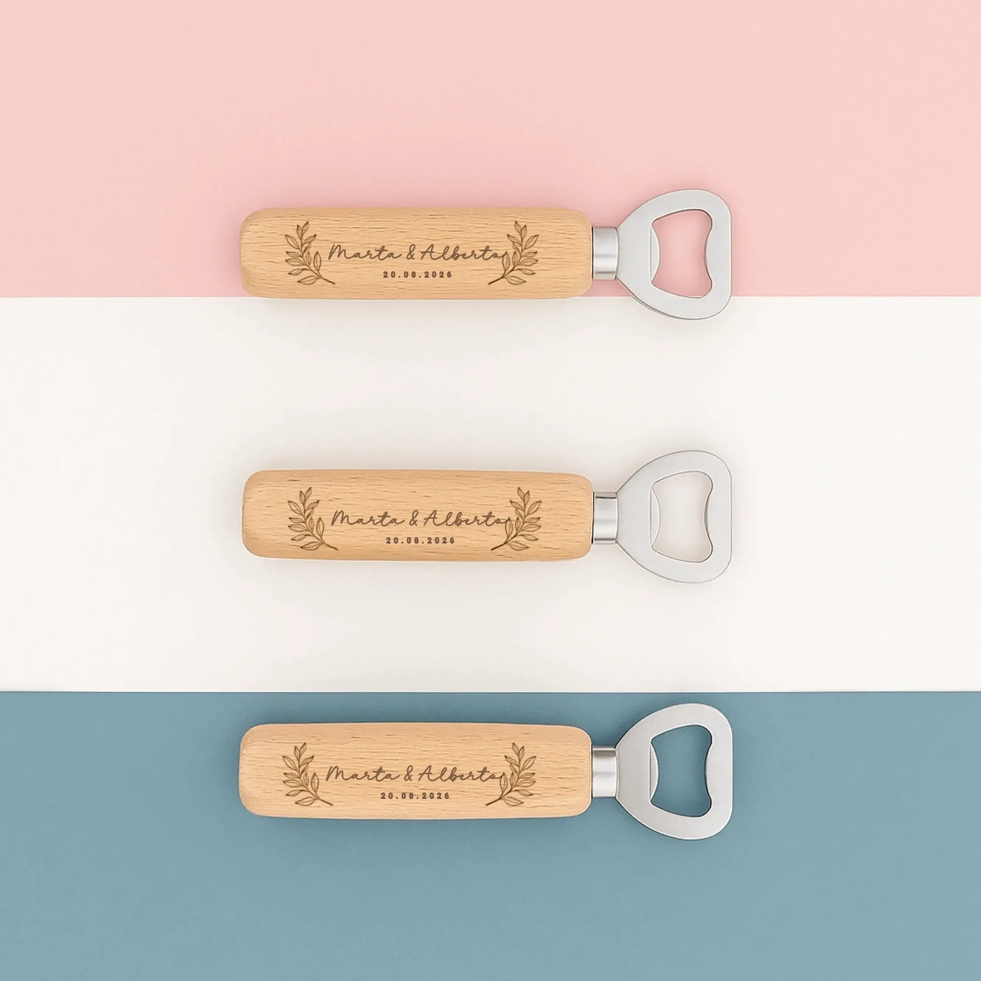 abridor de madera personalizado detalle de boda grabado a láser natural sostenible