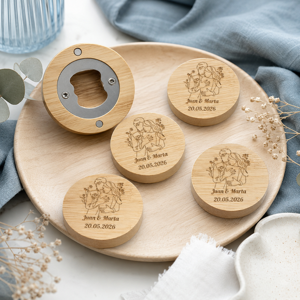Abridores de bambú con imán personalizados como detalles de invitados de boda