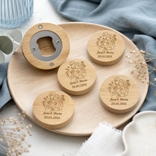 Abridores de bambú con imán personalizados como detalles de invitados de boda